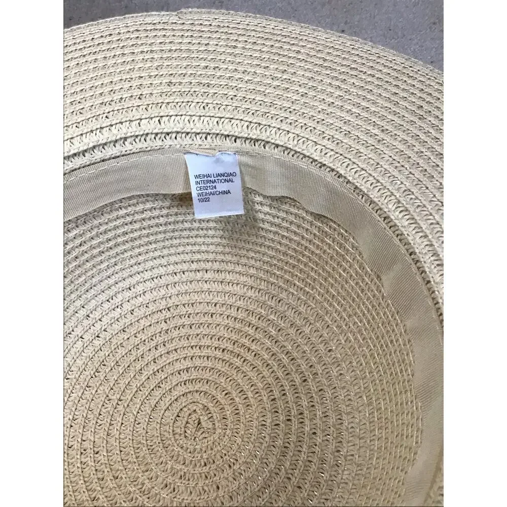 Max Studio kids straw sun hat, wide-brimmed light blue ribbon bow. New One Size